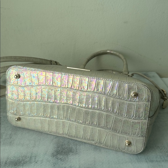 Brahmin Duxbury Leather Croc Embossed Satchel Handbag Pearly Cream Metallic